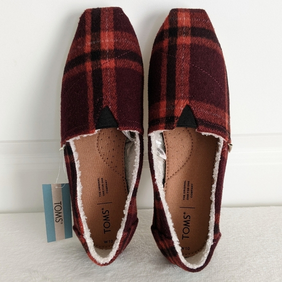 TOMS Slip On Flat Belmont Wool Blend Red Plaid Upper Faux Shearling Lined 10 NWT - Picture 7 of 13